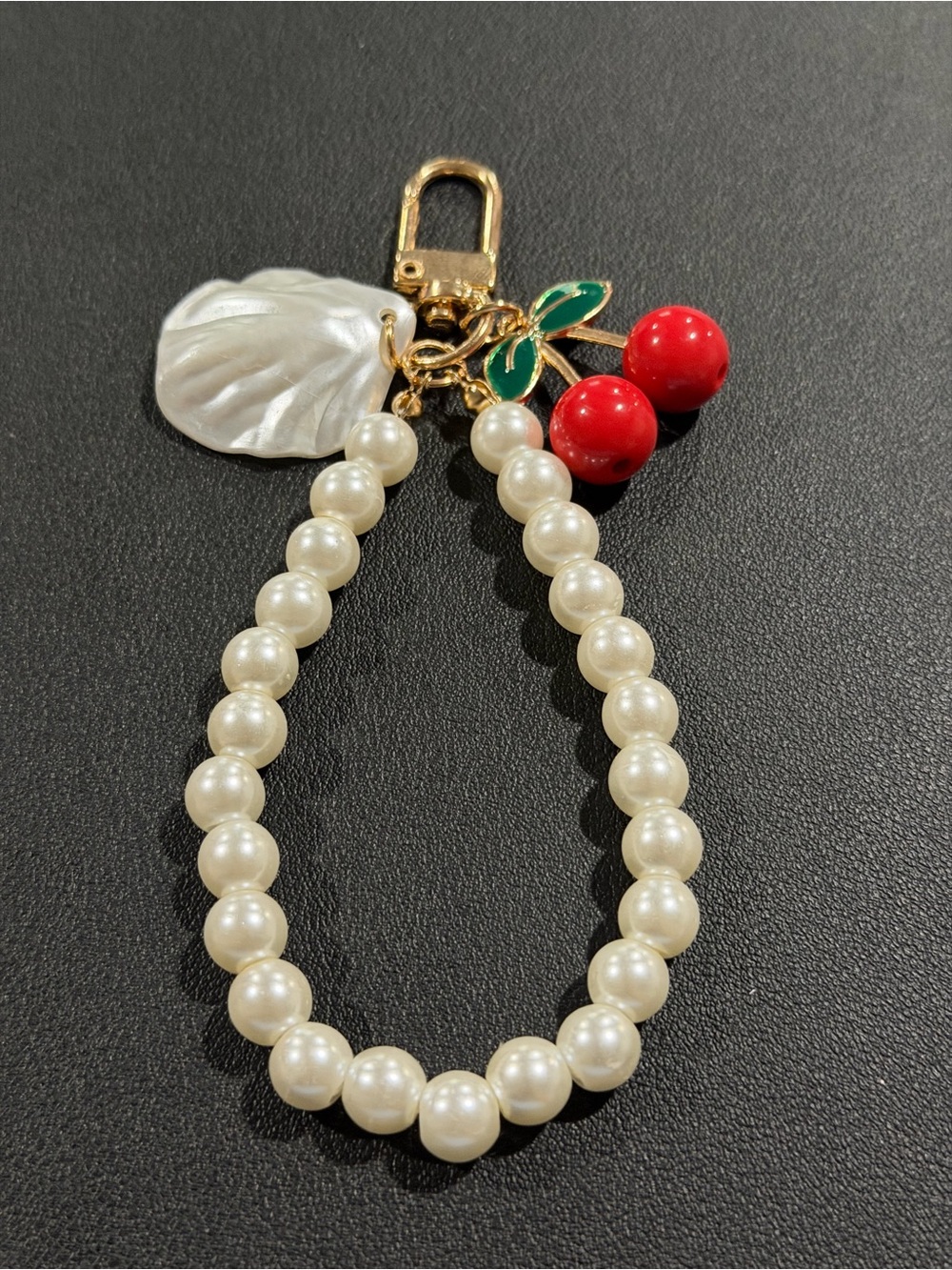 Pearl Beaded Wristlet Keychain with Red Cherry Charm